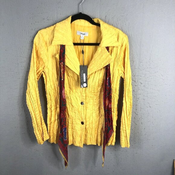 Flair Jacket Womens Medium Yellow Crinkle Accordion Art To Wear Bright Mod  NEW - Picture 1 of 15